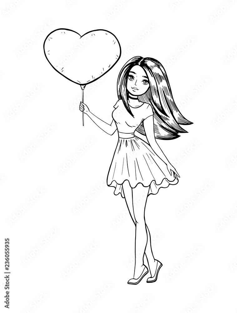 Young beautiful woman with a balloon. Black and white vector illustration.