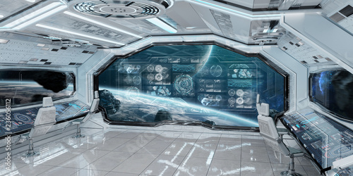 Fototapeta Naklejka Na Ścianę i Meble -  White spaceship interior with control panel digital screens 3D rendering