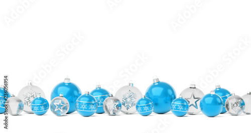 Blue and white christmas baubles isolated 3D rendering