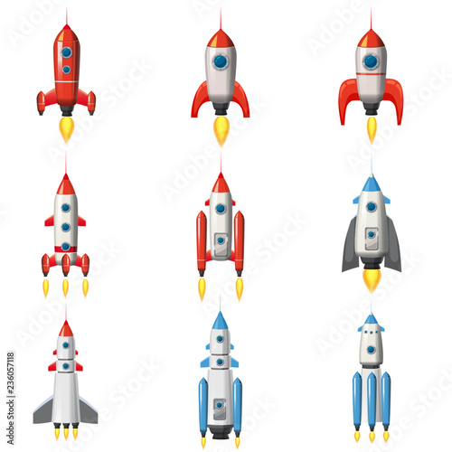 Set Rocket space ship, isolated vector illustration. Simple retro spaceship icon. Cartoon style, on white background, poster, baner