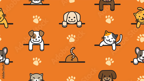Fototapeta Naklejka Na Ścianę i Meble -  smiling dogs and cats seamless pattern with colorful background, pet outline cartoon
