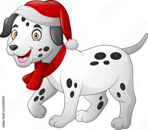 Dalmatian cartoon dog wearing a red santa hat and scarf