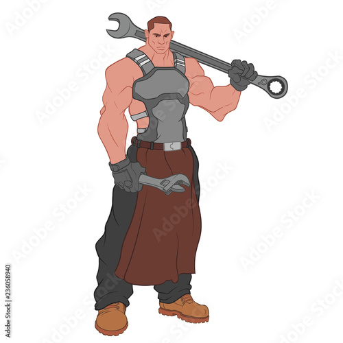 Huge muscular mechanic with big wrench on his shoulder