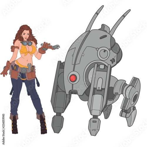 Hot female mechanic standing next to the four legged robot