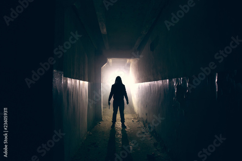 Silhouette of maniac with knife in hand in long dark creepy corridor, horror psycho maniac or serial killer concept