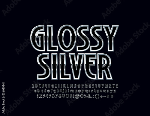 Silver Glossy Font. Vector set of Steel  Alphabet Letters, Numbers and Symbols.