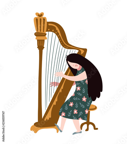 Singing girl with harp. Vector illustration for music festival.  Bright poster design.