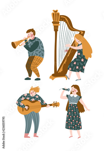 Funny musician playing a trumpet, harp, guitar and singer  isolated on the white background. Cute and funny characters. Vector illustration for music festival.  Bright poster design.