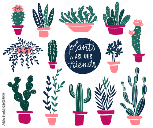 Vector set of tropical house  plants in scandinavian style with text - Plants are our friends. Isolated elements on the white background.