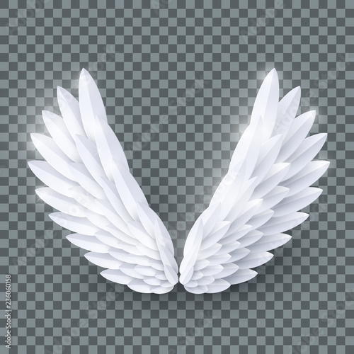 Vector 3d white realistic layered paper cut angel wings isolated on transparent background