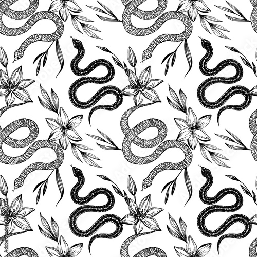 Seamless pattern. Hand drawn ink snake and lilies flowers, vector illustration. Snake silhouette illustration. Graphic sketch for print, patterns, clothes, fashion design, background, decor, textile.