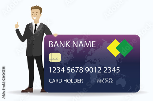 young caucasian businessman holding credit card,