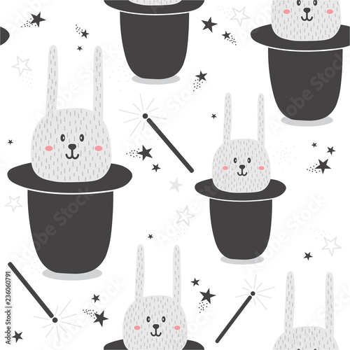 Rabbits in hats, magic wands, stars, hand drawn backdrop. Colorful seamless pattern with muzzles of animals. Decorative cute wallpaper, good for printing. Overlapping colored background vector