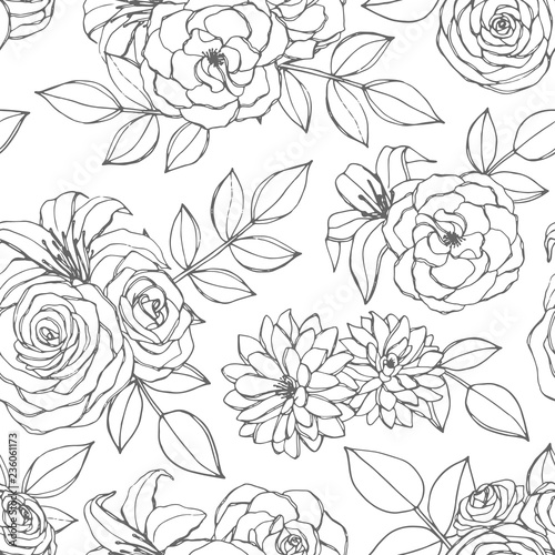 Vector seamless pattern with rose, lily, peony and chrysanthemum flowers line art on the white background. Hand drawn floral repeat ornament of blossoms in sketch style. Usable for coloring books.