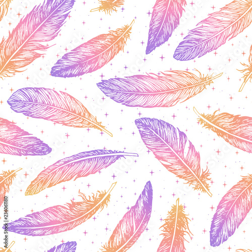 Hand drawn vector feathers line art seamless pattern on white starry background. Detailed bohemian decoration of gradient colors. Magical ornament for wrapping paper, fabrics or textile.
