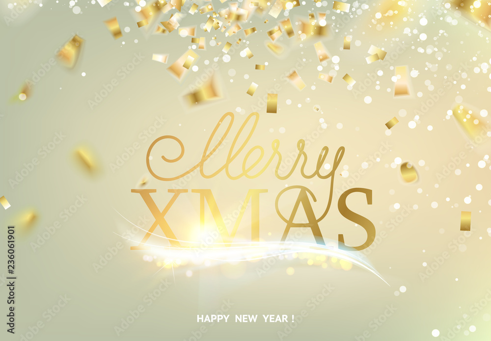 Happy new year card over gray background with golden confetti. Merry xmas 2019 sign on holiday card. Template for your design. Vector illustration. Happy new year card over gray background with golden confetti. Merry xmas 2019 sign on holiday card. Template for your design. Vector illustration.