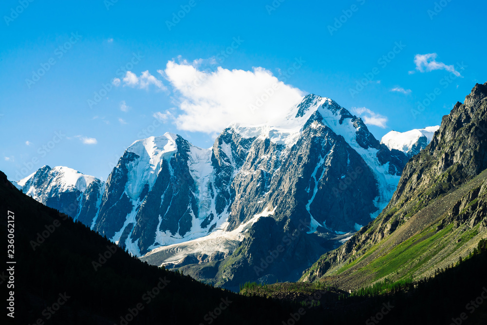 Amazing glacier under blue sky. Huge cloud on giant wonderful snowy mountains in sunlight. Rich vegetation and forest of highlands. Atmospheric minimalist landscape of majestic nature in sunny day.