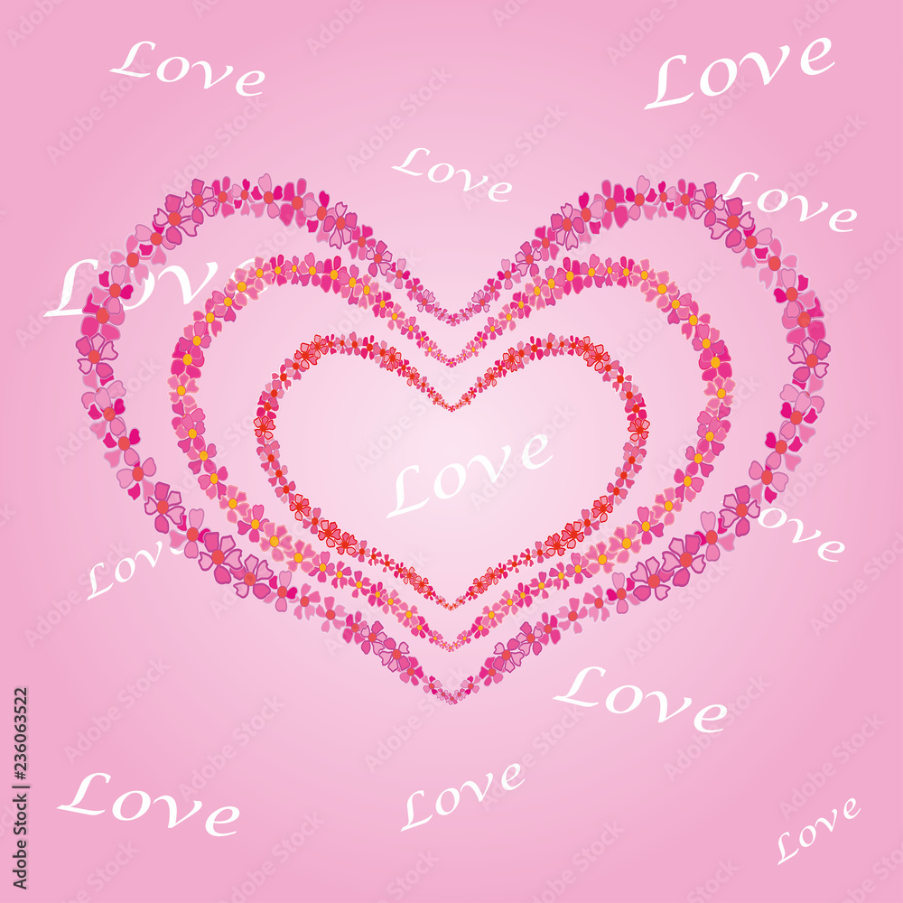 The card is pink with a heart. Valentine's day. Love. Heart of flowers on a pink background . vector.
