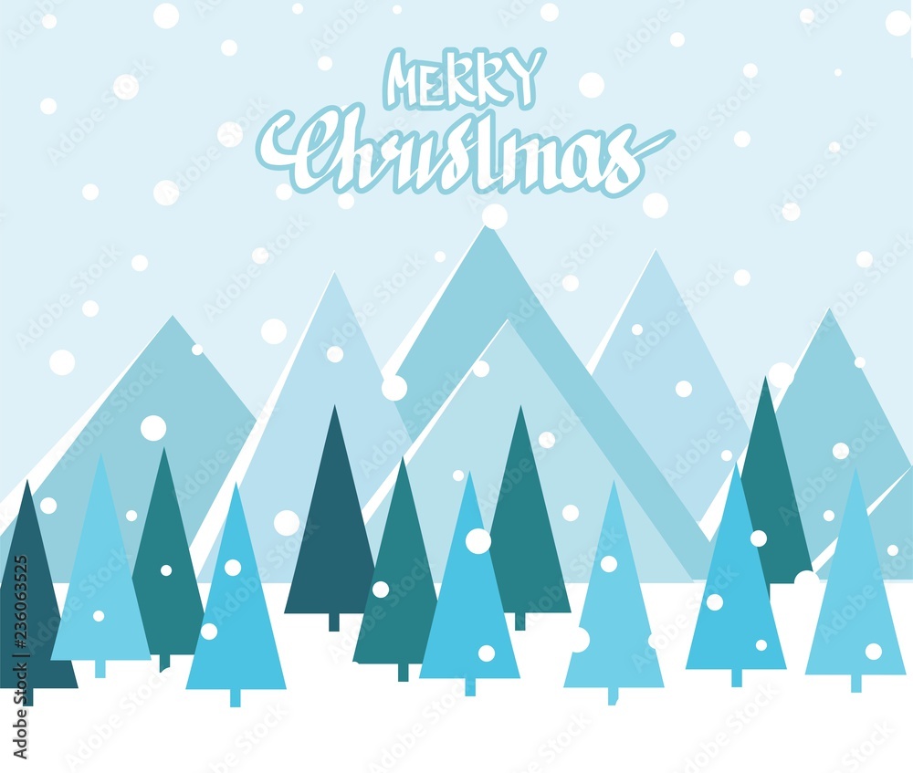 Merry Christmas Landscape. Vector. Christmas card with trees and mountains