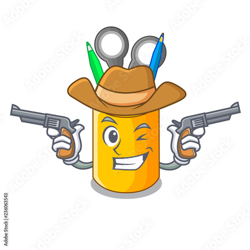 Cowboy organizer desktop top view with cartoon