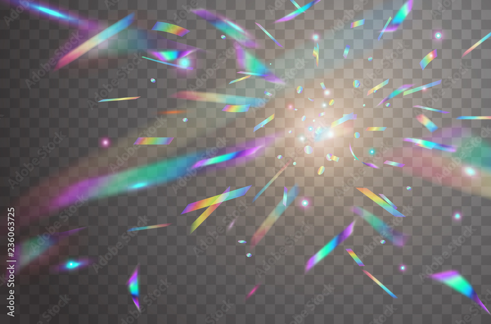 Holographic falling confetti isolated on transparent background. Rainbow iridescent overlay texture. Vector festive foil hologram tinsel with bokeh light effect and glare glitter.