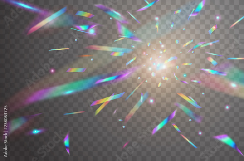 Holographic falling confetti isolated on transparent background. Rainbow iridescent overlay texture. Vector festive foil hologram tinsel with bokeh light effect and glare glitter.