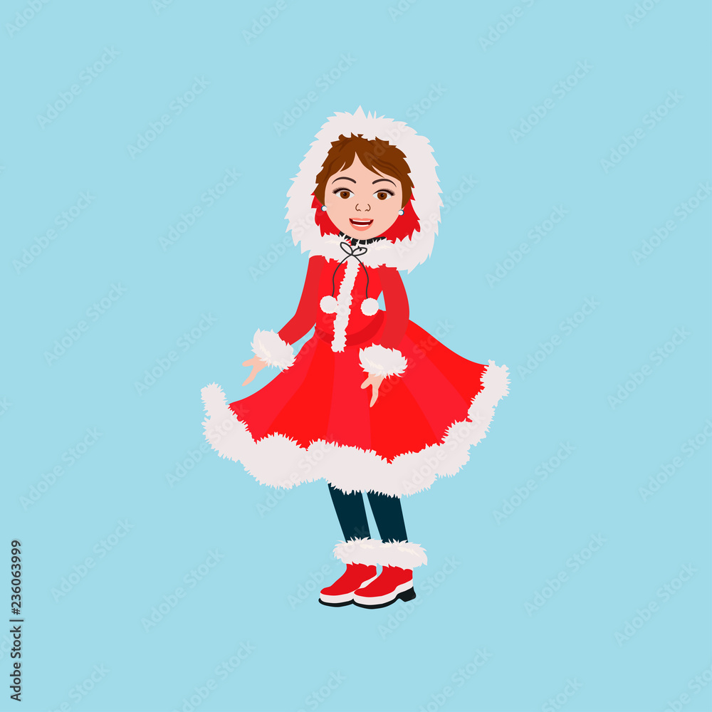 Cute little girl in winter coat. Vector illustration can use for Christmas greeting card, invitation, T-shirt, interior design
