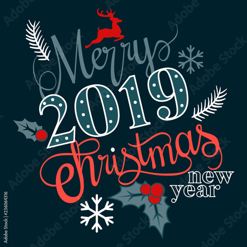 Have very Merry Christmas and Happy New Year 2019 we wish you lettering text logo on black background