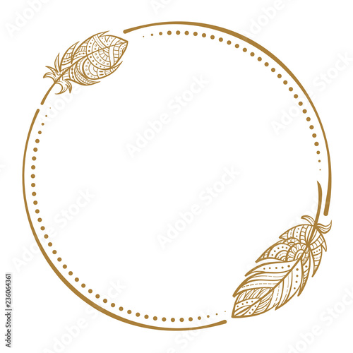 Vector round dotted frame frame with boho style feathers decoration