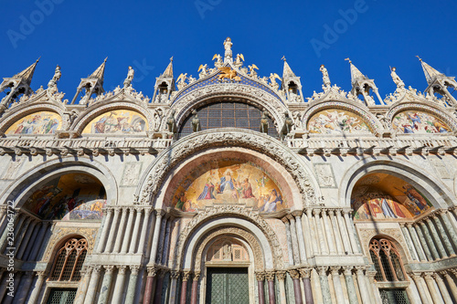 San Marco basilica facade with mosaics in Venice  clear blue sky in a sunny day in Italy