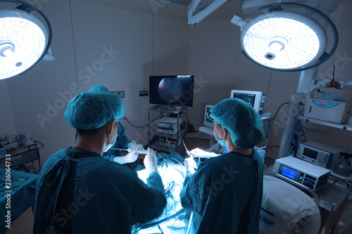 group of veterinarian surgery in operation room for laparoscopic take with art lighting and blue filter