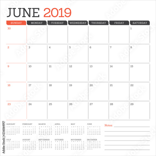 June 2019 desk calendar vector illustration