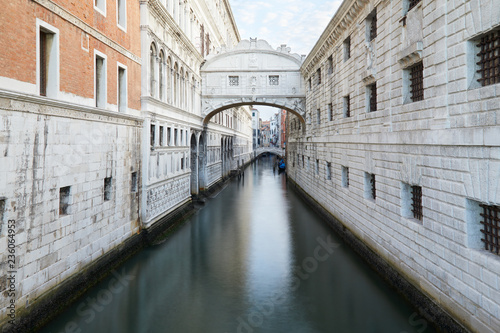 Bridge of Sighs, wide angle view in a calm morning, nobody in Venice, Italy