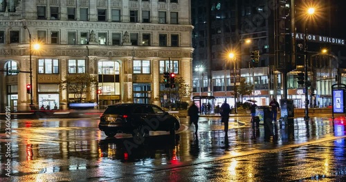 Time lapse of Chicago magnificent mile at night in the rain