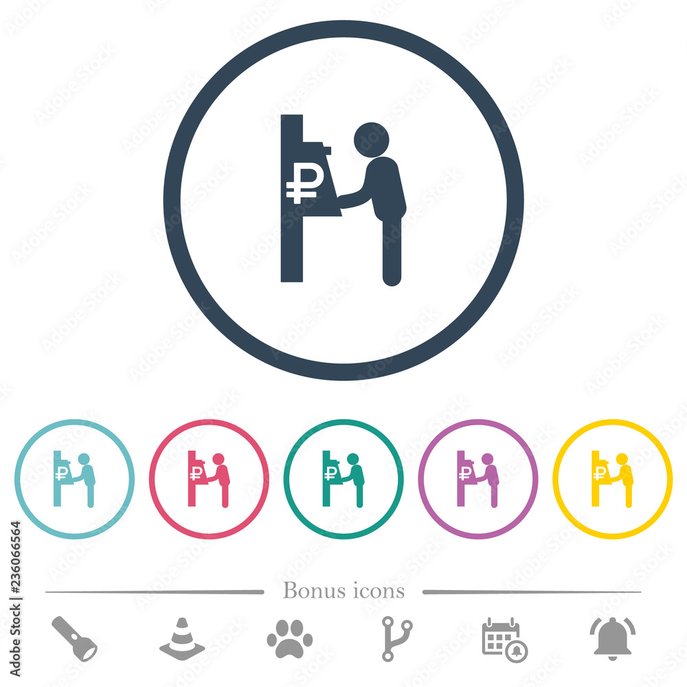 Ruble cash machine flat color icons in round outlines Ruble cash machine flat color icons in round outlines