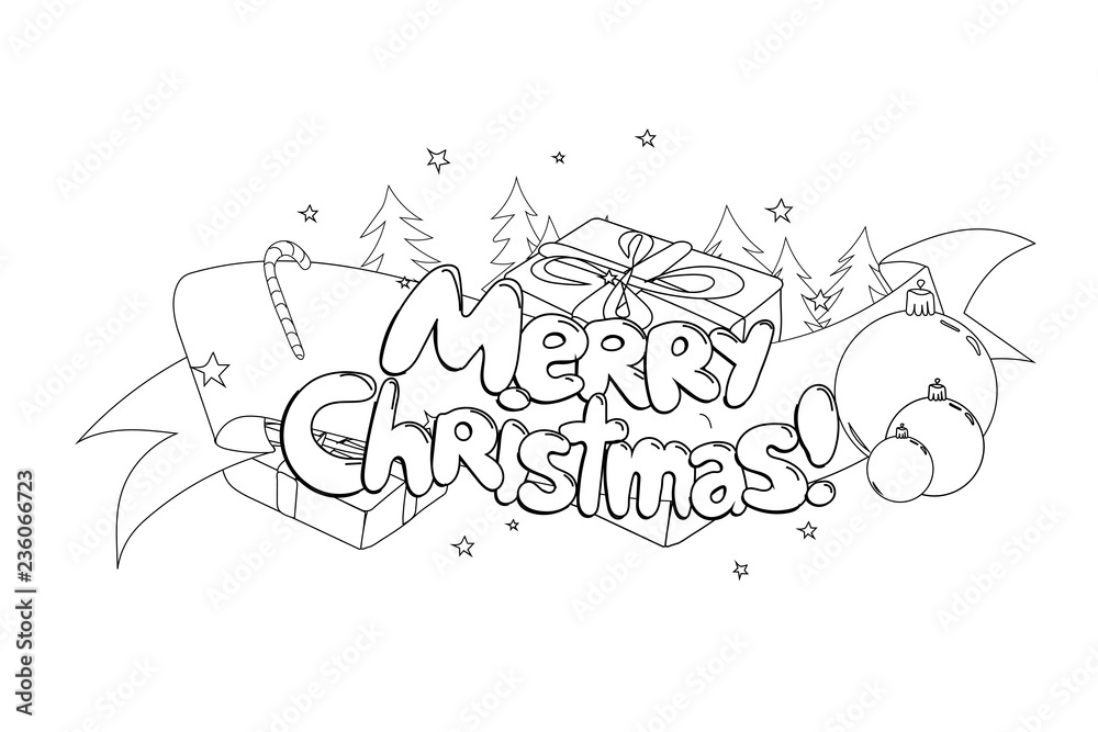 Merry Christmas. Hand drawned vector illustration. Black and white line art