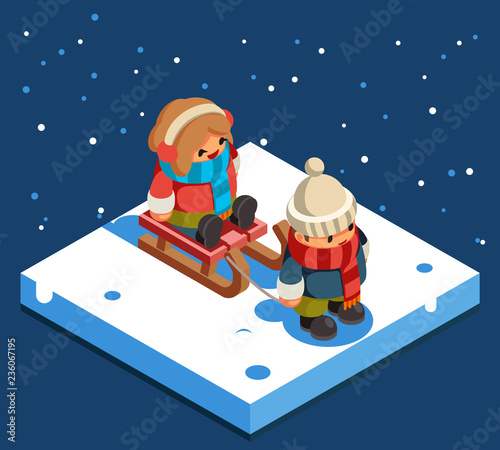 Kids isometric boy sledding girl sleigh winter snow background flat design vector illustration