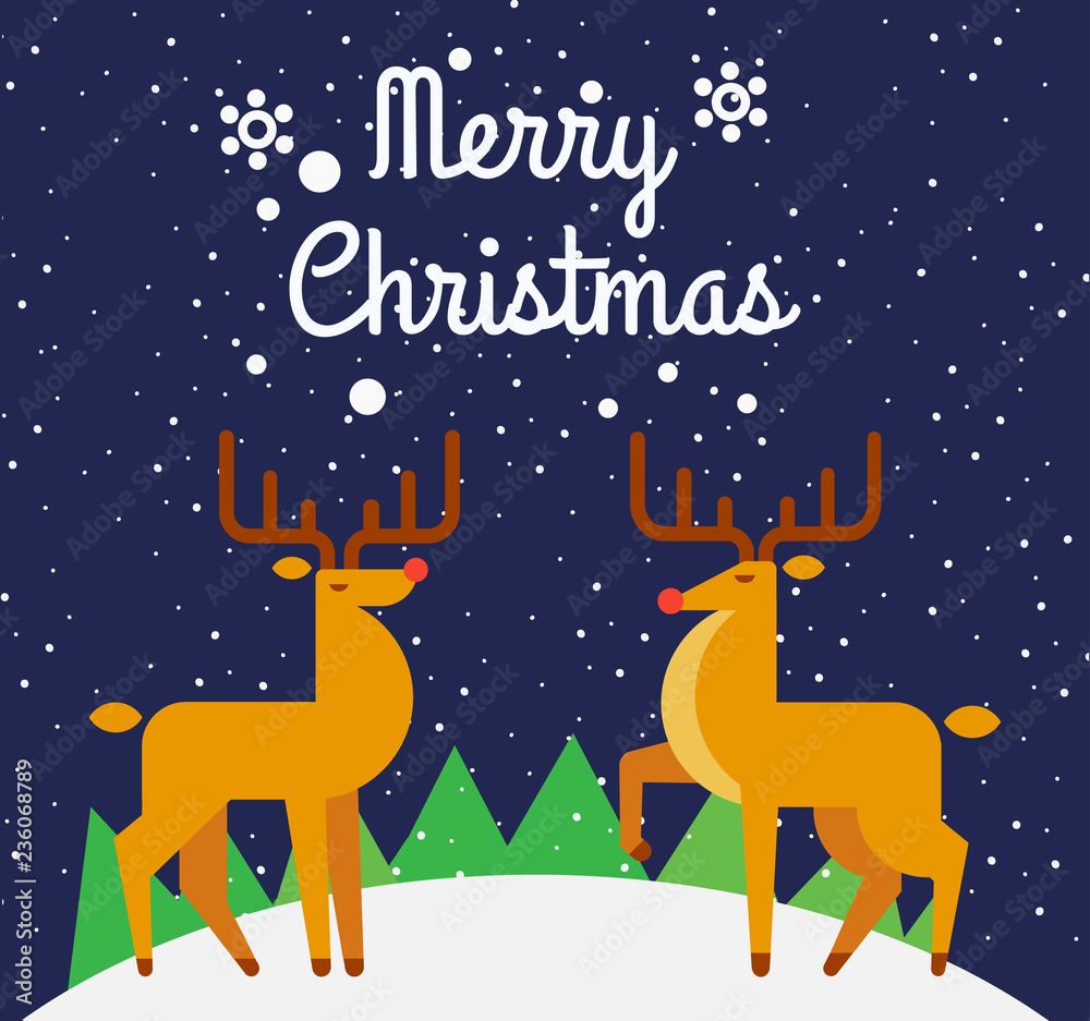 Christmas deers  on a dark background. Snowy winter night. Merry Christmas. Vector illustration in a flat style.
