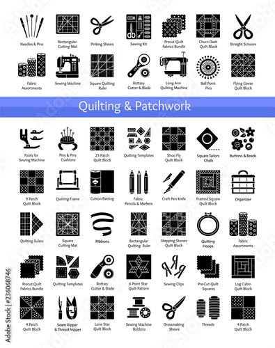 Quilting & patchwork supplies. Tools for sewing quilts from fabric squares & blocks. Patterns for quilters. Vector flat icon set. Isolated objects