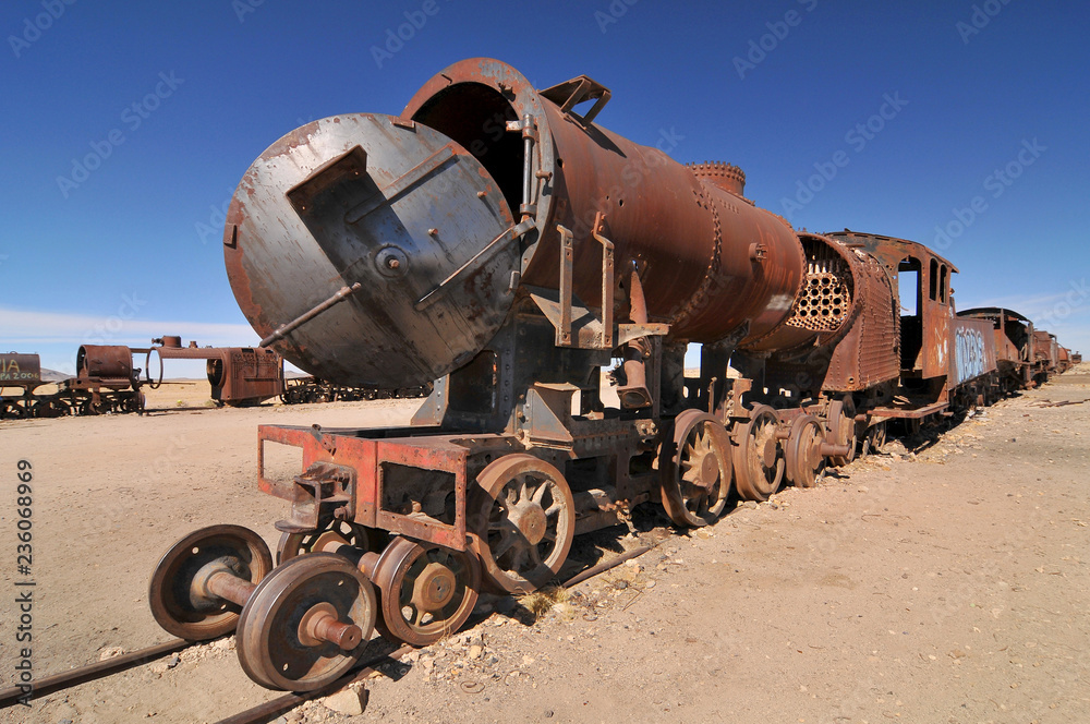 The Great Train Graveyard, train cemetery, and one of the major tourist attractions of the Uyuni area in Bolivia.