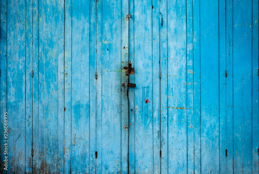 Old grunge and weathered blue wood door background and texture.