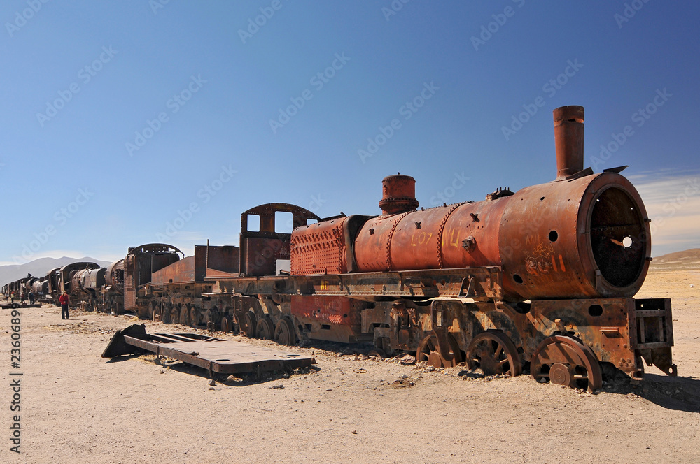The Great Train Graveyard, train cemetery, and one of the major tourist attractions of the Uyuni area in Bolivia. The Great Train Graveyard, train cemetery, and one of the major tourist attractions of the Uyuni area in Bolivia.