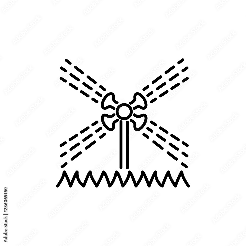 Black & white vector illustration of rotating garden water sprinkler. Line icon of lawn irrigation system on the grass. Gardening & landscaping equipment. Isolated object Black & white vector illustration of rotating garden water sprinkler. Line icon of lawn irrigation system on the grass. Gardening & landscaping equipment. Isolated object