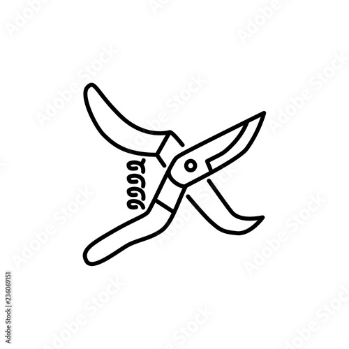 Black & white vector illustration of pruning shears, scissors. Line icon of professional garden secateurs. Gardening & landscaping equipment. Cutting tool. Isolated object
