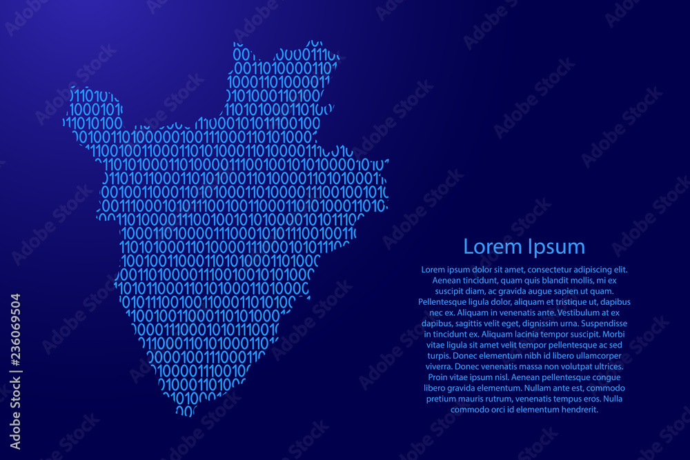 Burundi map abstract schematic from blue ones and zeros binary digital code with space stars for banner, poster, greeting card. Vector illustration.