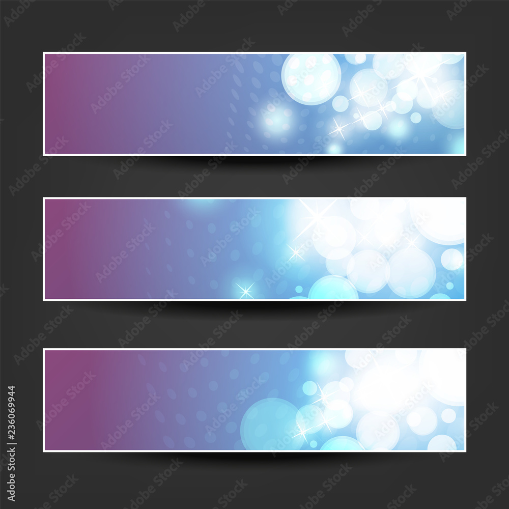 Set of Blue, White and Purple Horizontal Sparkling Banner Designs for Christmas, New Year, Seasonal Events or Holidays