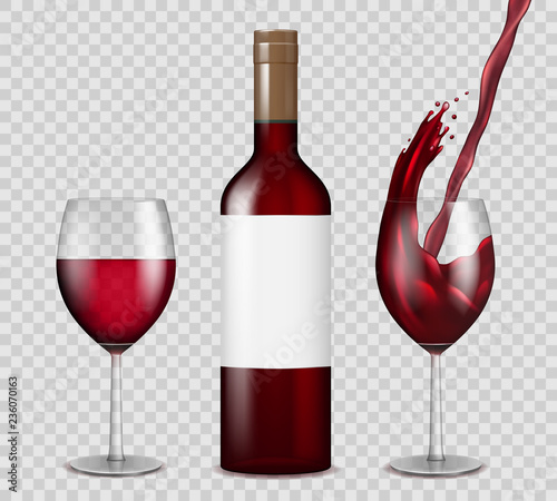 Transparent wine bottle and wineglasses mockup. red wine splash in bottle and glasses isolated. Vector illustration.
