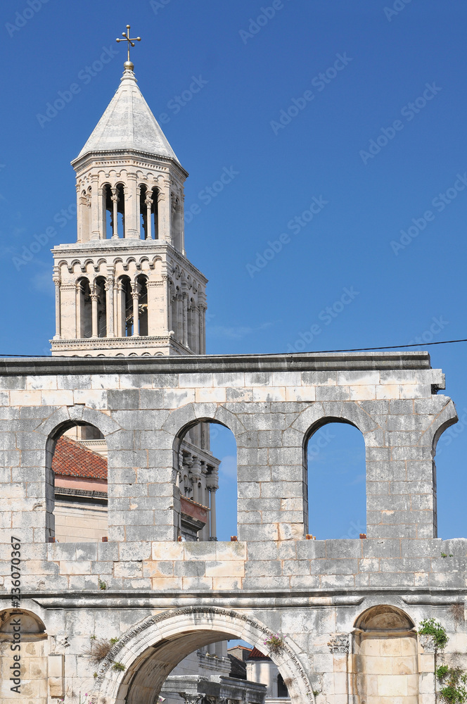 Bell tower of the cathedral of Saint Doimus in Split, Croatia.