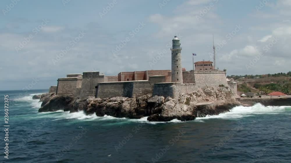 Camera tracks away from castle of El Morro in Havana, Cuba Camera tracks away from castle of El Morro in Havana, Cuba