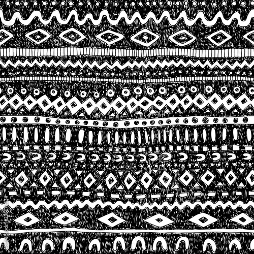 Seamless black and white pattern. Vintage striped ornament for textiles. Aztec and tribal motifs. Vector illustration.